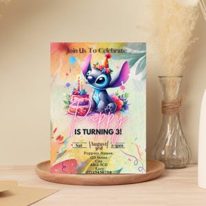 Steek bewerkbare sjabloon verjaardagsuitnodiging, afdrukbare verjaardagsuitnodigingen, digitale kinderfeestje uitnodigen, digitale verjaardagskaart uitnodigen, Stitch