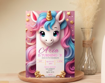 Può includere: Un invito di compleanno con un unicorno rosa e blu, stelle dorate e il testo "Aria compie 3 anni!"  Unisciti a noi per festeggiare Sab. 3 agosto 1-3pm Arias House 123 Street City AB12 3CD RSVP 07123456789
