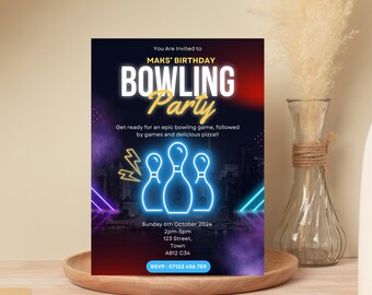Neon Bowling Birthday Invitation, Editable Evite Template (Digital Download)