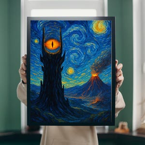 May include: A framed art print depicting a dark tower with an orange eye, a volcano, and a starry night sky. The artwork is in a style reminiscent of Van Gogh's "Starry Night," with swirling brushstrokes and vibrant colors.