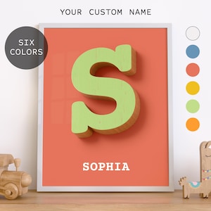 Impresión de nombre inicial personalizada, letra de madera desgastada, decoración de habitación infantil, impresiones para guardería, póster de sala de juegos, arte de pared imprimible, descarga digital.