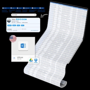 May include: A screenshot of a computer screen showing a spreadsheet with a large amount of data. The spreadsheet is titled "USA.csv" and is 64.8 GB in size. The spreadsheet is open in a program that looks like Microsoft Excel. The spreadsheet is being shared through Google Drive and Dropbox. The image also shows a profile for Elon Musk, the CEO of Tesla, with his contact information and social media links.
