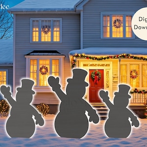 May include: A winter scene featuring a house decorated for Christmas. Silhouettes of three snowmen stand in the snow in front of the house. The house has wreaths in the windows and a Christmas tree on the porch. The words "Digital Download" are in a white circle.