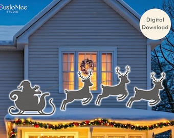Life Size Santa Sleigh & Reindeer Template Cutout Bundle DIY Silhouette Trace Outdoor Yard Décor Christmas Woodworking Stencils (Style 1)