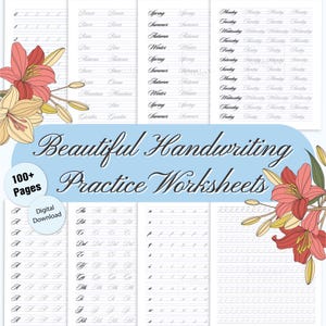 May include: A set of handwriting practice sheets with floral decorations. The worksheets offer cursive letter and word exercises, plus seasonal and daily writing prompts. The text "Beautiful Handwriting Practice Worksheets" is visible.