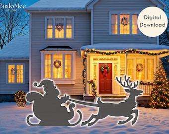 Life Size Santa Sleigh & Reindeer Template Cutout Bundle DIY Silhouette Trace Outdoor Yard Décor Christmas Woodworking Stencils (Style 2)