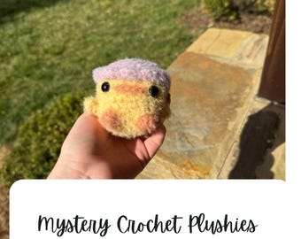 Könnte beinhalten: Ein kleines gehäkeltes Plüschtier in Form einer gelben Ente mit einem lila Hut. Die Ente hat schwarze Augen und einen rosa Schnabel. Das Spielzeug wird in der Hand einer Person gehalten. Der Text "mystery Crochet Plushies" ist im Bild sichtbar.