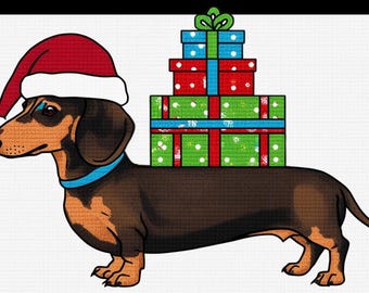 hot dog-dog with presents, digital needlepoint pattern, cross stitch pattern, needlepoint canvas pattern