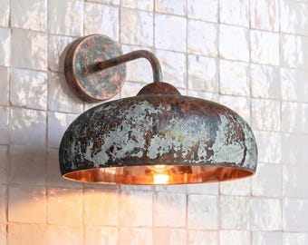 Rustic Copper Wall Sconce - Handmade Verdigris Patina Outdoor Lamp - Vintage Industrial Wall Light for Porch and Patio