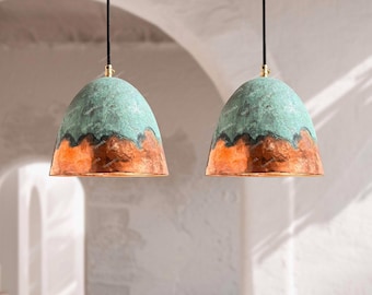 Green Patina Copper Pendant Set – Handcrafted Oxidized Dome Lights for Farmhouse Dining or Kitchen