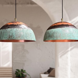 Set of 2 Patina Copper Dome Pendant Lights – Rustic Farmhouse Lighting