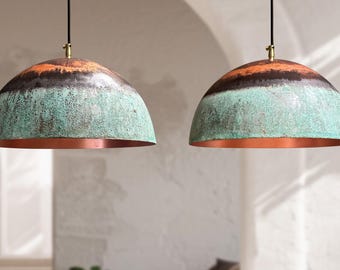 Set of 2 Patina Copper Dome Pendant Lights – Rustic Farmhouse Lighting