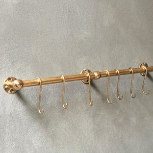 Unlacquered Brass Pot Rail with S hooks, Handmade Solid Brass Pot Rack, Golden Brass Wall Mounted Rack with Free Extra hooks