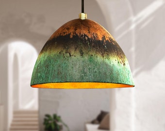 Green Patina Copper Pendant Light – Handmade Dome Fixture for Rustic Farmhouse Kitchen Lighting