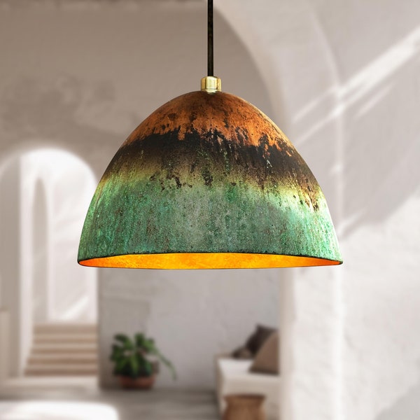 Green Patina Copper Pendant Light – Handmade Dome Fixture for Rustic Farmhouse Kitchen Lighting