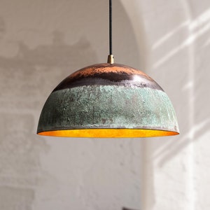 Groene gepatineerde koperen koepelhanglamp: boerderijplafondarmatuur