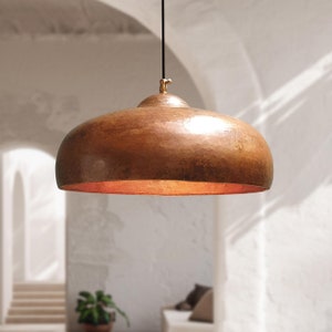 Aged Copper Dome Pendant – Handcrafted Hammered Light for Farmhouse Dining or Kitchen Decor