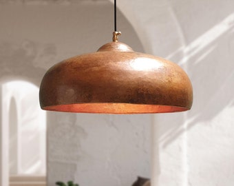Aged Copper Dome Pendant – Handcrafted Hammered Light for Farmhouse Dining or Kitchen Decor