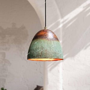 Verdigris Copper Dome Pendant – Handcrafted Oxidized Green and Burnished Copper Ceiling Light Fixture