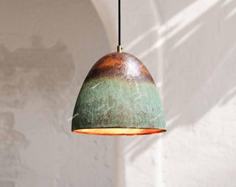 Verdigris Copper Dome Pendant – Handcrafted Oxidized Green and Burnished Copper Ceiling Light Fixture