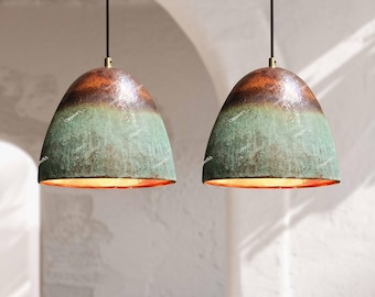 Set of 2 Oxidized Copper Dome Pendant Lights, Handmade Kitchen Island Lighting