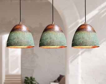 Juego de 3 lámparas colgantes de cobre - Lámpara de estilo rústico con pátina verde