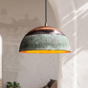 Green Patina Copper Pendant Light: Rustic Farmhouse Dome Ceiling Fixture
