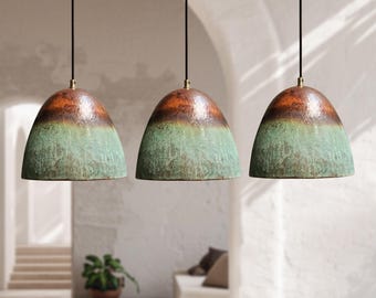 Set Of 3 Oxidized Copper Pendant Lights, Green Patina Farmhouse Light Fixture, Handmade Copper Ceiling Light