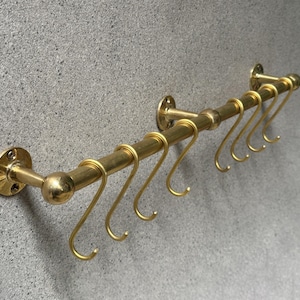 Solid Brass Pot Rail with S hooks, Handmade Unlacquered Brass Pot Rack, Golden Brass Wall Mounted Rack, Brass Wall Mounted Pan Rack
