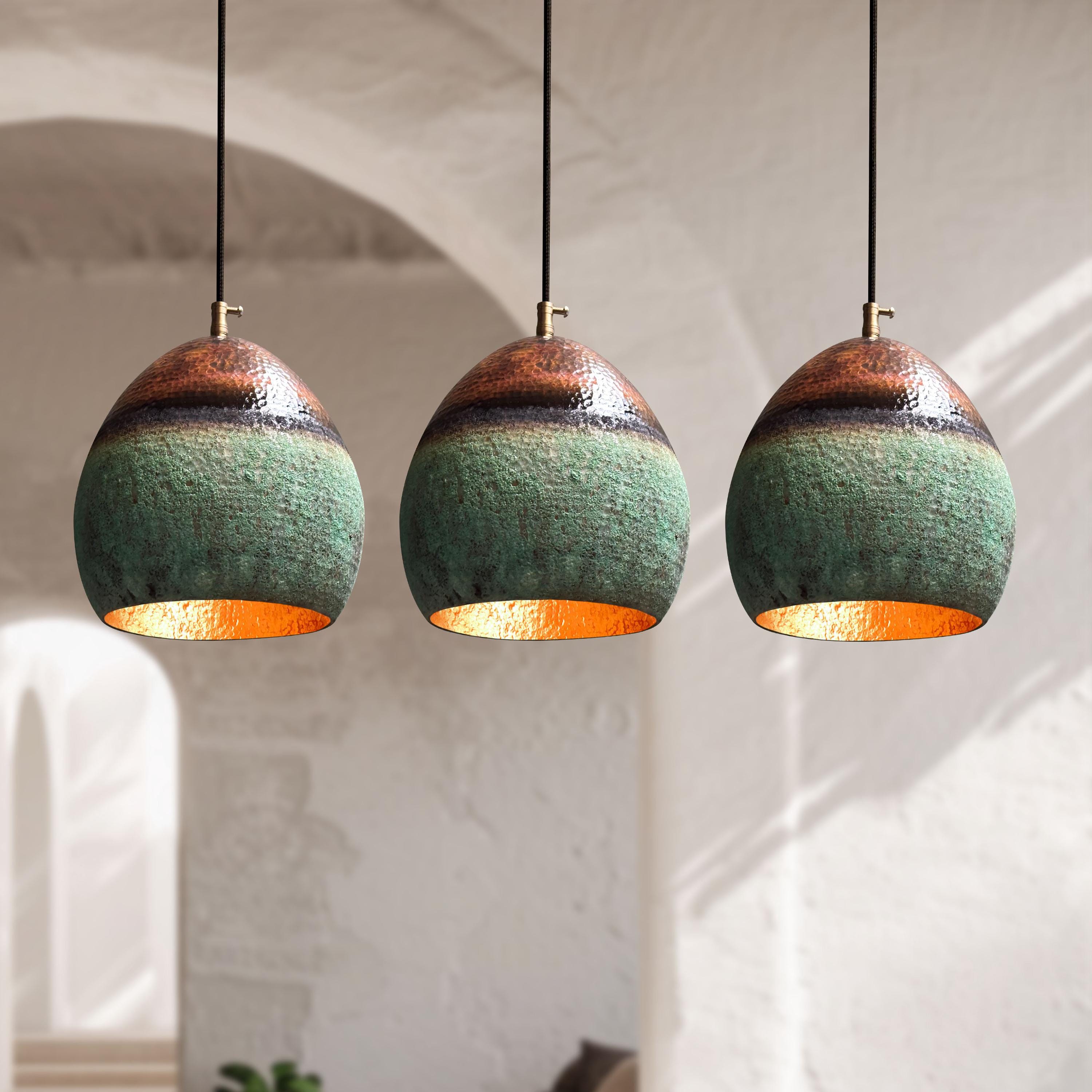 Set of 3 Handmade Oxidized Copper Pendant Lights: Green Patina Farmhouse Lighting
