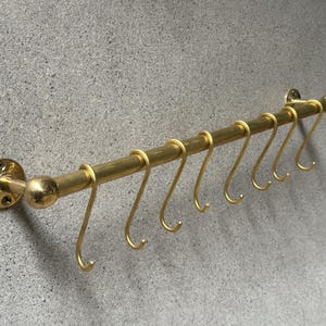 Unlacquered Brass Pot Rail with S hooks, Handmade Solid Brass Pot Rack, Golden Brass Wall Mounted Rack, Brass Wall Mounted Pan Rack