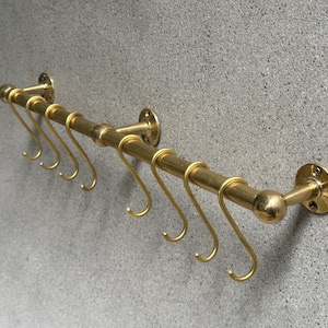 Unlacquered Solid Brass Pot Rail with S hooks, Handmade Solid Brass Pot Rack, Golden Brass Wall Mounted Rack, Brass Wall Mounted Pan Rack