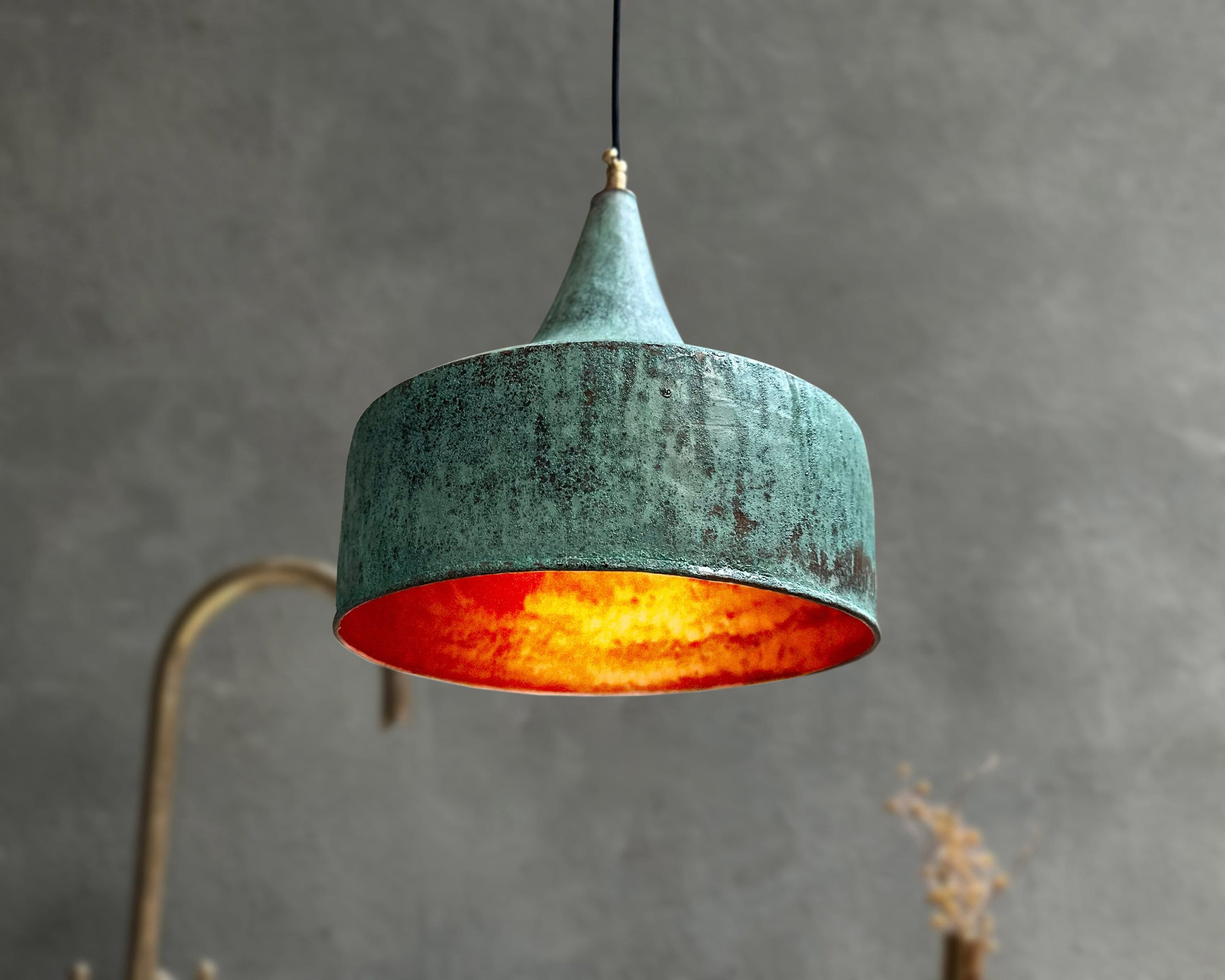 Oxidized Copper Pendant Light: Handmade Green Patina Dome