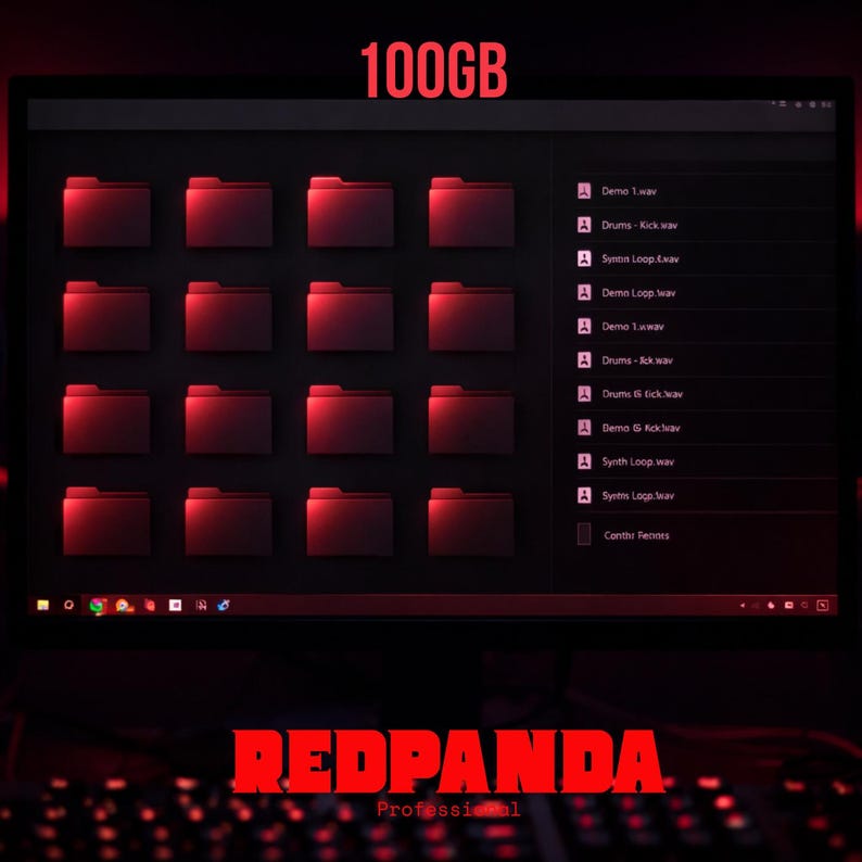 May include: A computer monitor displays a dark interface with red accents. The screen shows red file folders and a list of audio files. The text "100GB" is at the top, and "REDPANDA Professional" is at the bottom. A keyboard is visible.