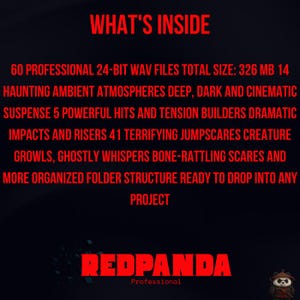 Puede incluir: Fondo negro con texto rojo que dice "WHAT'S INSIDE". El texto describe 60 archivos WAV profesionales, atm&oacute;sferas, suspense y sustos repentinos. El logotipo de Redpanda est&aacute; en la parte inferior.