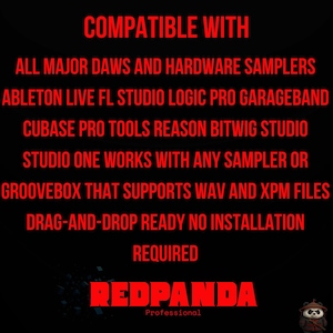 May include: A black graphic with red text that reads "COMPATIBLE WITH" and lists software like Ableton Live, FL Studio, and Logic Pro. The text also mentions "REDPANDA Professional".