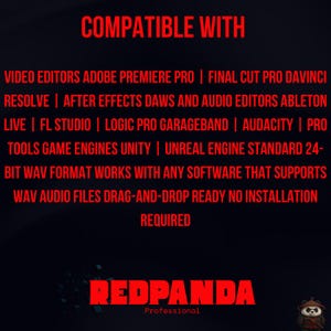 Puede incluir: Gr&aacute;fico negro con texto rojo que indica compatibilidad con varios programas de edici&oacute;n de v&iacute;deo y audio. El texto "COMPATIBLE CON" est&aacute; en la parte superior, con "REDPANDA Professional" en la parte inferior.