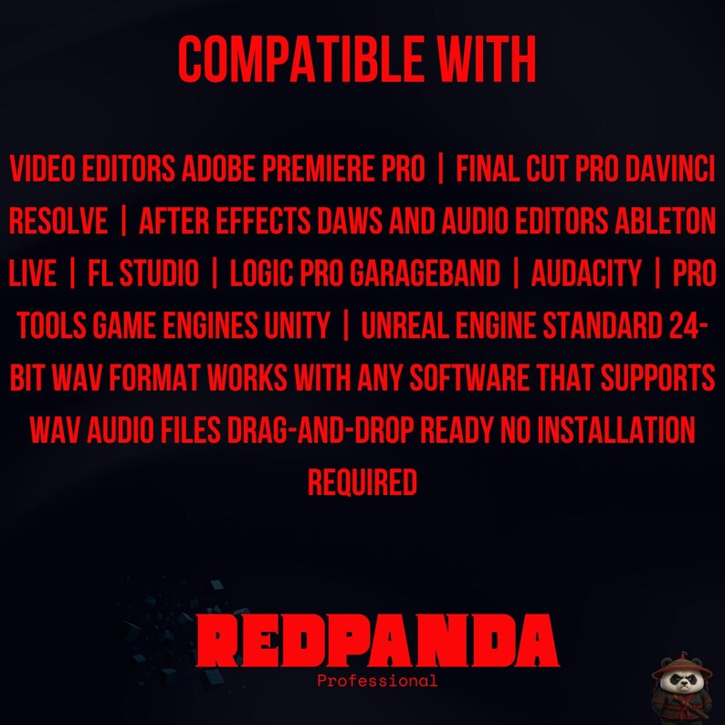 Puede incluir: Gr&aacute;fico negro con texto rojo que indica compatibilidad con varios programas de edici&oacute;n de v&iacute;deo y audio. El texto "COMPATIBLE CON" est&aacute; en la parte superior, con "REDPANDA Professional" en la parte inferior.