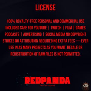 Puede incluir: Un fondo oscuro con la palabra "LICENSE" en rojo en la parte superior. Debajo, texto rojo detalla el uso libre de derechos para proyectos personales y comerciales, incluyendo YouTube, Twitch y redes sociales. El logotipo de Redpanda est&aacute; en la parte inferior.