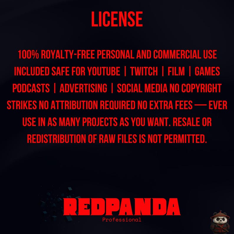 Puede incluir: Un fondo oscuro con la palabra "LICENSE" en rojo en la parte superior. Debajo, texto rojo detalla el uso libre de derechos para proyectos personales y comerciales, incluyendo YouTube, Twitch y redes sociales. El logotipo de Redpanda est&aacute; en la parte inferior.