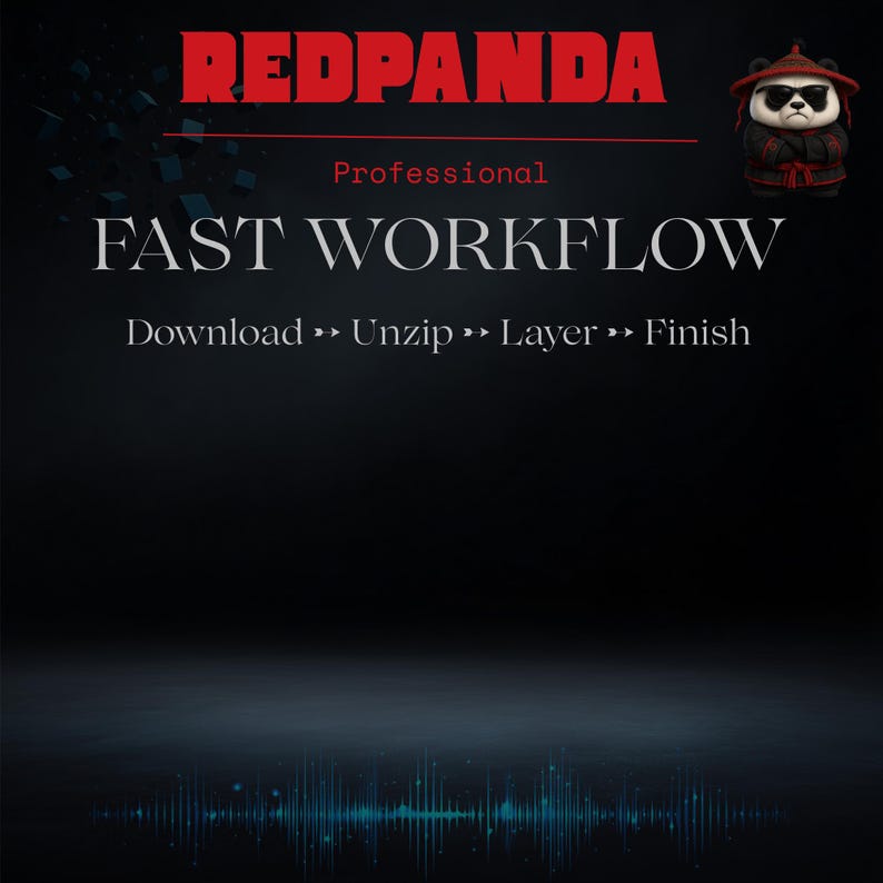 May include: A graphic with the word "REDPANDA" in red at the top, followed by "Professional" and "FAST WORKFLOW." Below, it says "Download >> Unzip >> Layer >> Finish." A cartoon panda wearing sunglasses and a hat is in the upper right corner.