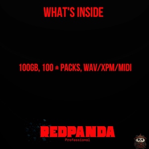 May include: Black background with red text that reads "WHAT'S INSIDE" and "100GB, 100 &plusmn; PACKS, WAV/XPM/MIDI". The bottom of the image has the text "REDPANDA Professional".