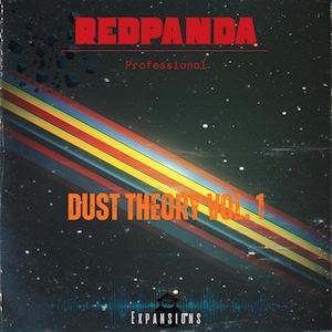 Könnte beinhalten: Albumcover mit dunklem Hintergrund und Sterneneffekt. Der Text "REDPANDA" ist rot, über "Professional." und "DUST THEORY VOL. 1" in Orange. Unten befindet sich eine Panda-Grafik mit dem Wort "EXPANSIONS".