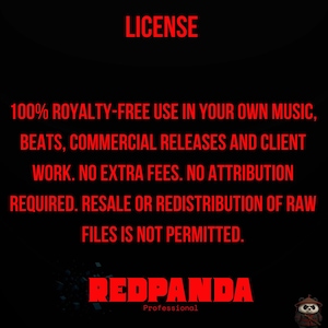 May include: Black background with red text stating "LICENSE" and details about royalty-free use for music, beats, and commercial releases. The Redpanda logo is at the bottom.