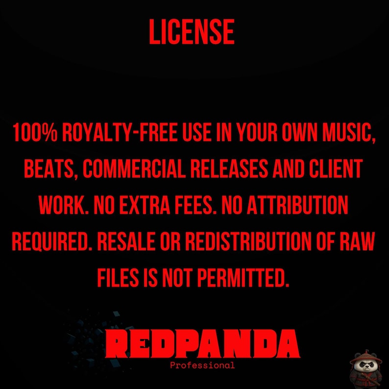 May include: Black background with red text stating "LICENSE" and details about royalty-free use for music, beats, and commercial releases. The Redpanda logo is at the bottom.