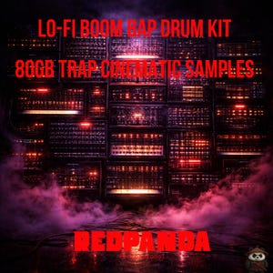 May include: Digital music production kit with the text "LO-FI BOOM BAP DRUM KIT" and "80GB TRAP CINEMATIC SAMPLES". The image features a grid of illuminated electronic components, with the word "REDPANDA" in red.