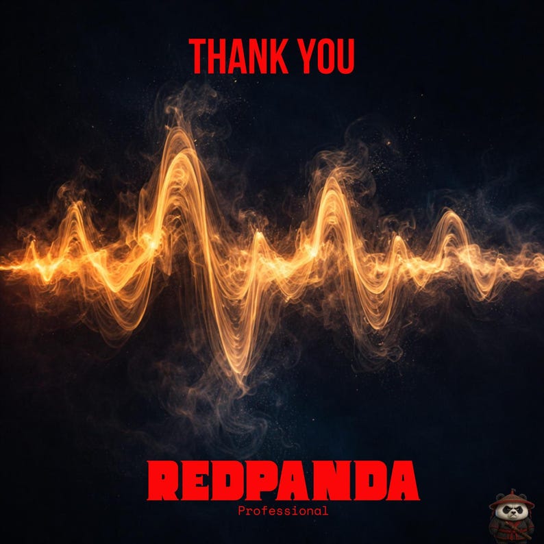 Puede incluir: Un gr&aacute;fico digital con las palabras "THANK YOU" en rojo en la parte superior y "REDPANDA" en rojo en la parte inferior. Una onda de sonido naranja estilizada abarca la imagen. La palabra "Professional" est&aacute; debajo de "REDPANDA". Un icono de panda est&aacute; en la esquina inferior derecha.