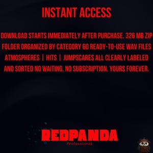 Puede incluir: Fondo negro con texto rojo "INSTANT ACCESS". El texto describe una descarga digital de 60 archivos WAV, incluyendo atm&oacute;sferas, hits y jumpscares. El logo de Redpanda est&aacute; en la parte inferior.