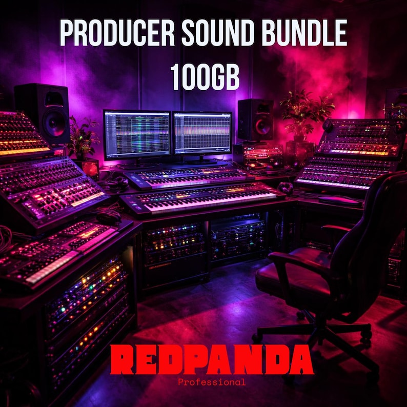 May include: A digital audio workstation setup with multiple keyboards, mixing consoles, and computer monitors. The image features the text "PRODUCER SOUND BUNDLE 100GB" and the logo "REDPANDA Professional."