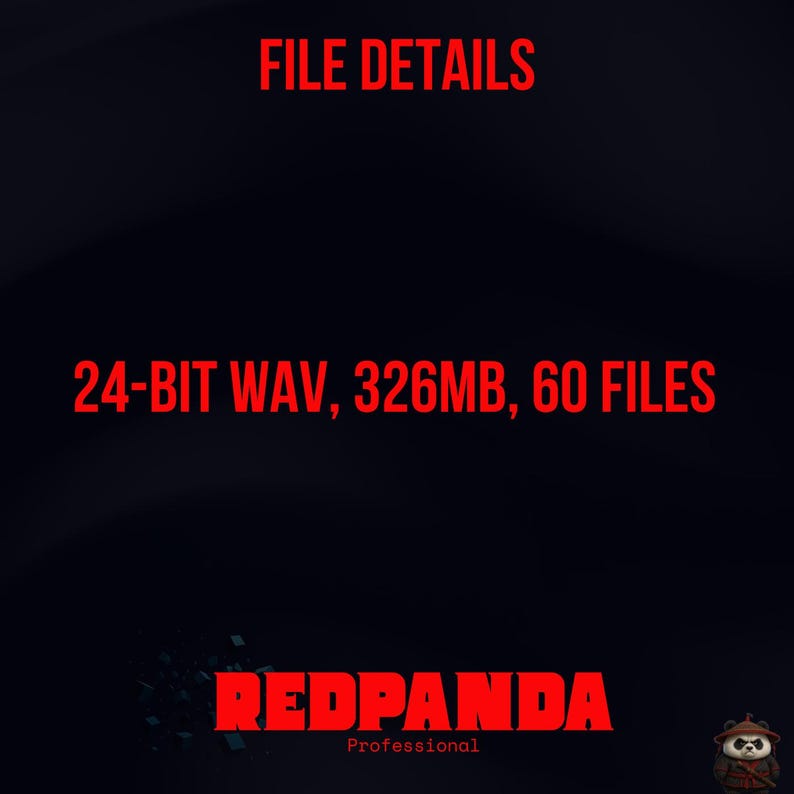 Puede incluir: Fondo negro con texto rojo. En la parte superior, "FILE DETAILS". Debajo, "24-BIT WAV, 326MB, 60 FILES". El logotipo de Redpanda est&aacute; en la parte inferior, con "Professional" debajo.